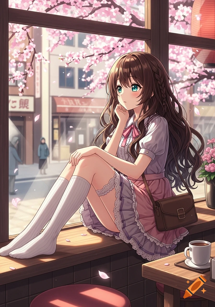 An anime girl with long brown hair and green eyes sits by a window filled with pink cherry blossoms in a cafe.