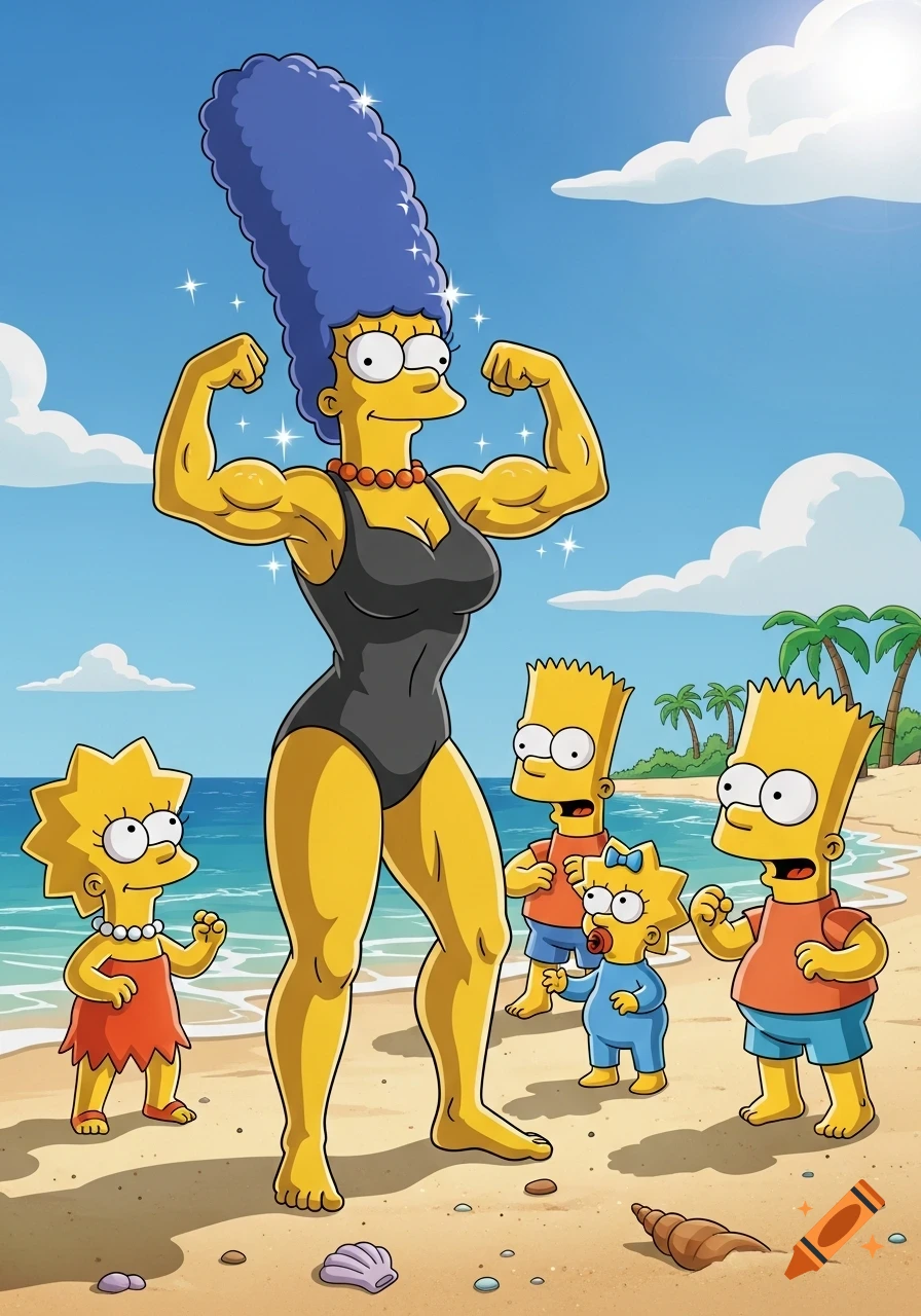 Marge Simpson, with exaggerated muscles, flexes in a black swimsuit on a sunny beach with Lisa, Bart, and Maggie watching.