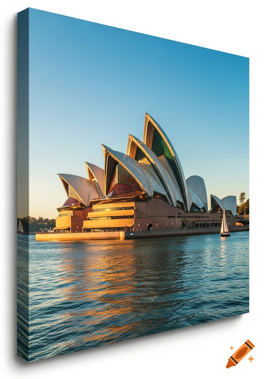 The iconic Sydney Opera House at sunset, its sails reflecting golden light, with sailboats on the water.
