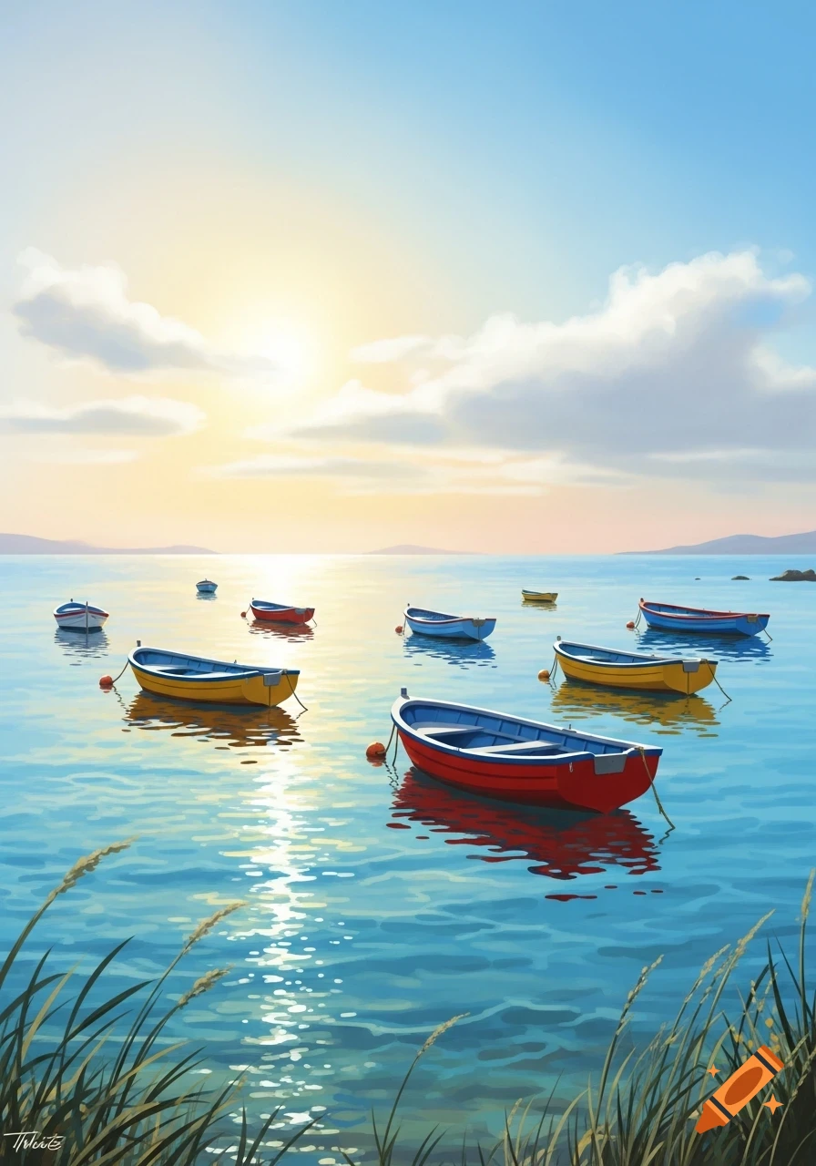 Painting of numerous small boats floating on a calm blue sea at sunset, with grass in the foreground.