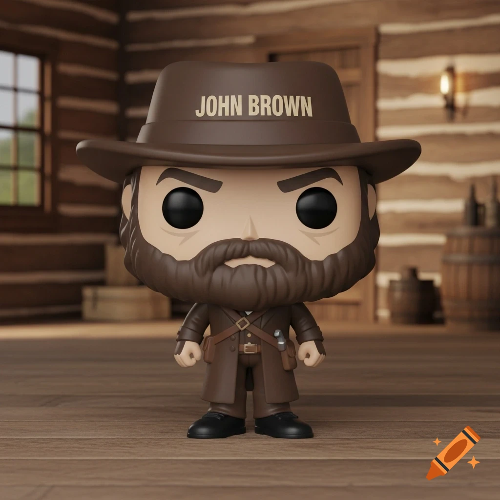 A Funko Pop figure of John Brown, a bearded man in a brown hat and coat, stands in a log cabin with his name on his hat.