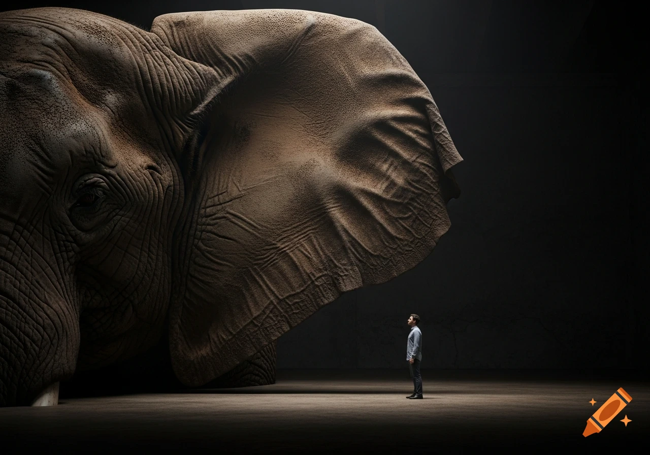 A small man stands looking up at a massive, partially visible elephant ear in a dark, mysterious room, rendered in a high-quality, conceptual art style.