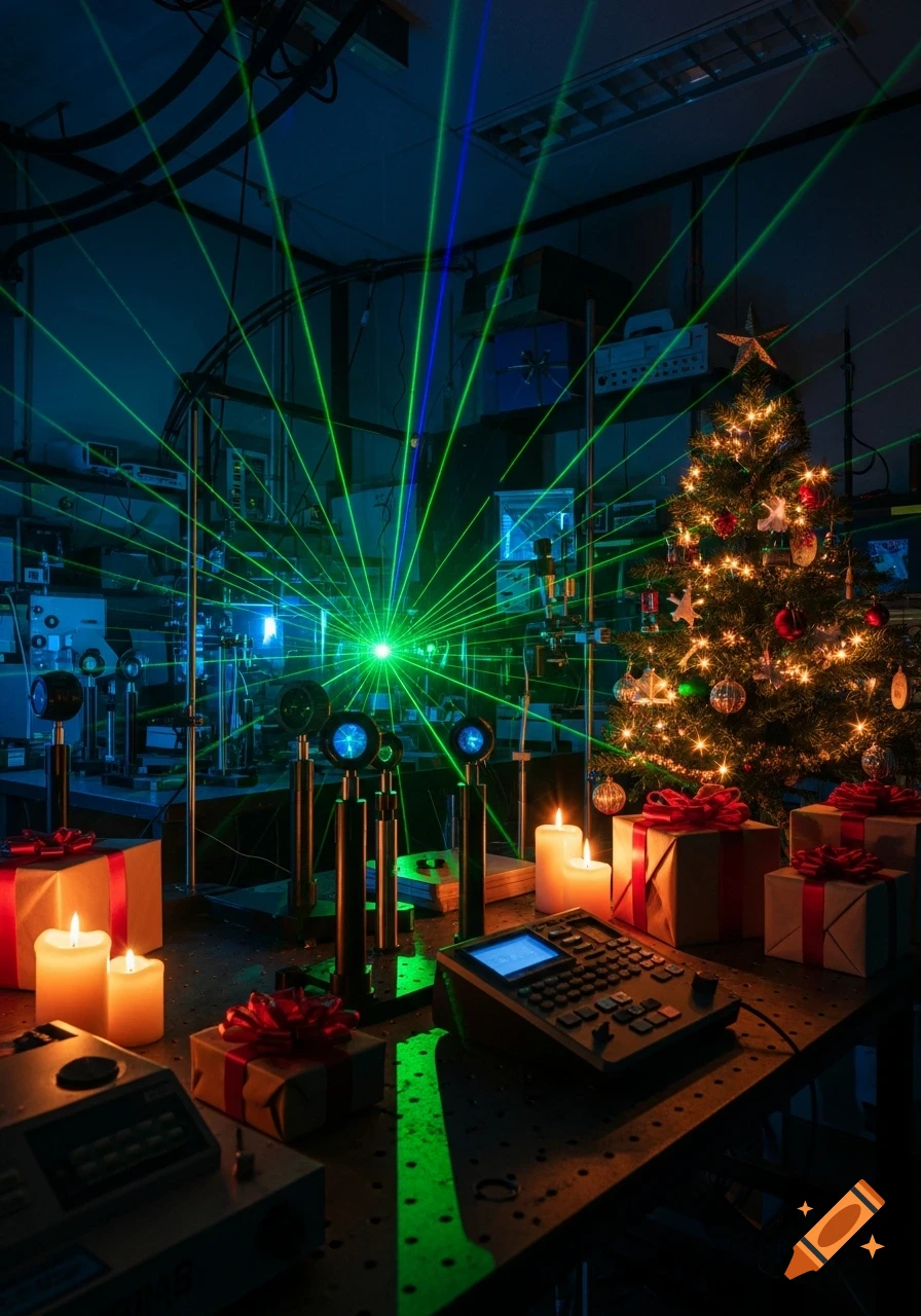A festive physics lab with green and blue lasers, optical instruments, a decorated Christmas tree, presents, and candles.