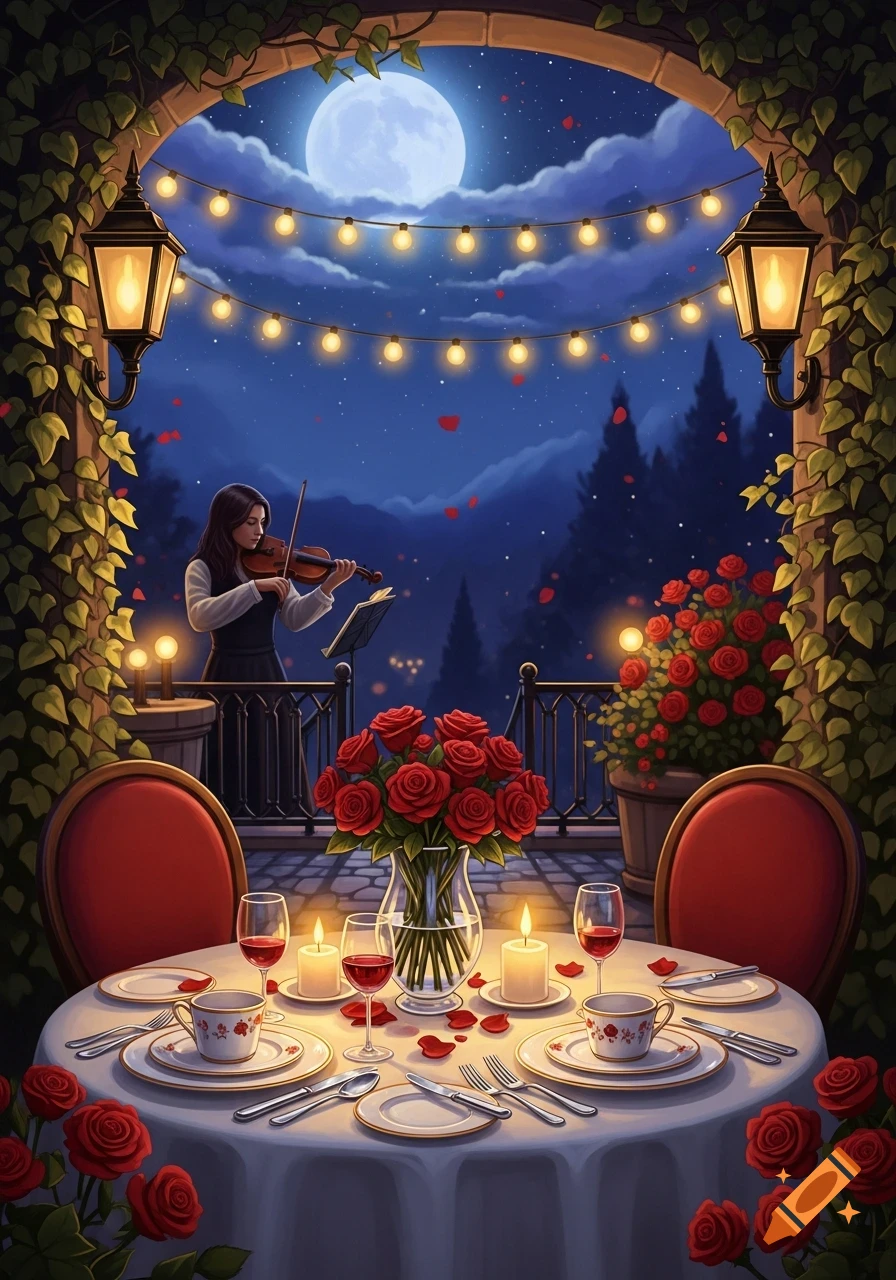 Romantic balcony dinner at night with a violinist, table with red roses, candles, under a full moon and string lights. Illustrated style.