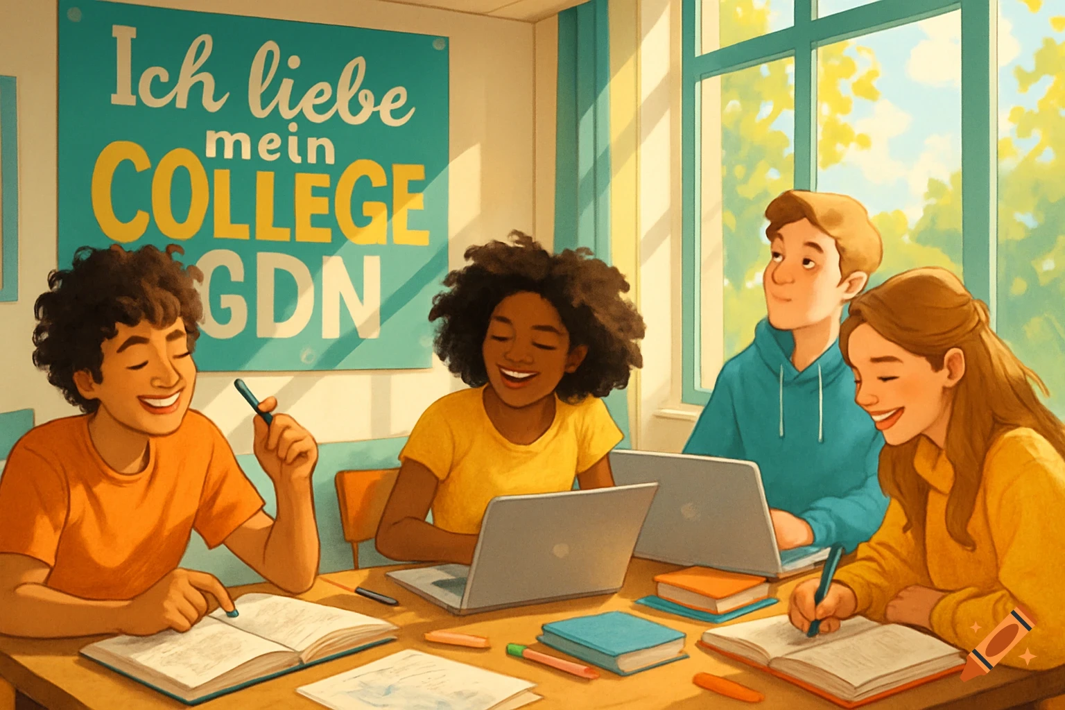 Cartoon illustration of four happy students studying at a table with books and laptops, a sign says "Ich liebe mein COLLEGE GDN".
