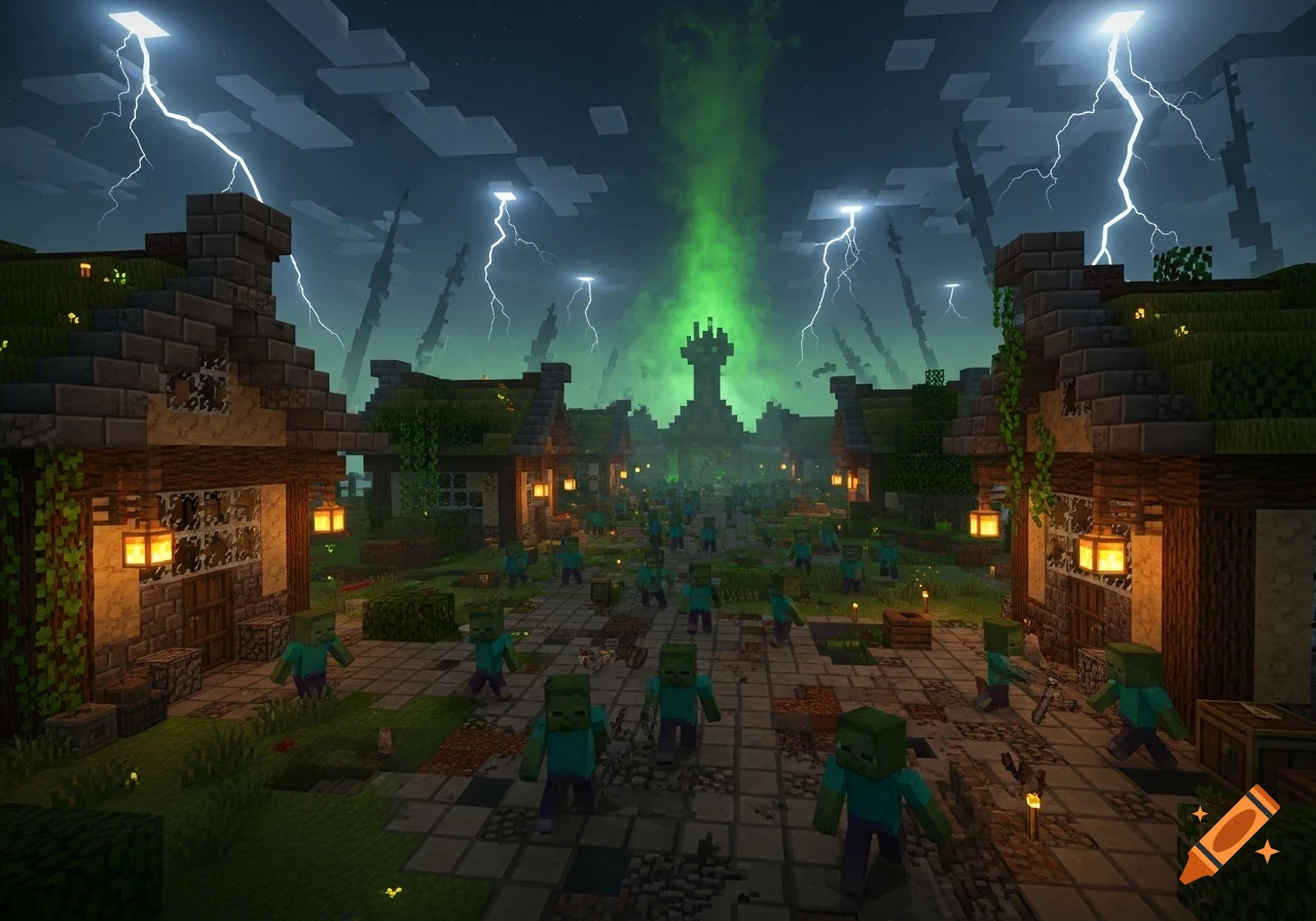 A Minecraft-style village at night, swarming with zombies under a stormy sky with lightning and a green energy beam from a central tower.