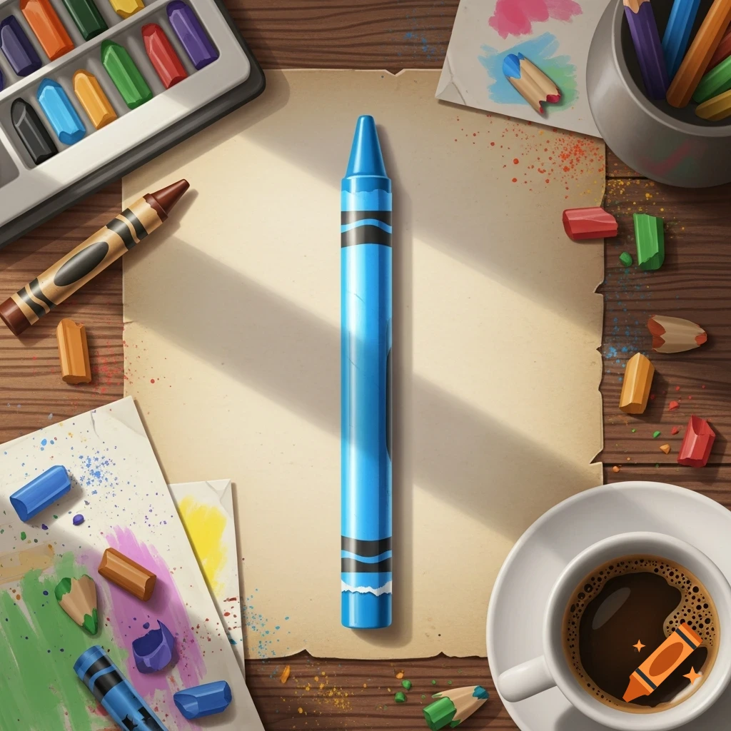 A top-down view of art supplies on a wooden table, featuring a large blue crayon, watercolor paints, pencils, coffee, and paper.