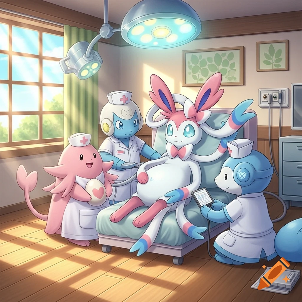 Anime style image of a pregnant Sylveon getting a check-up from Chansey and Audino nurses in a hospital room.