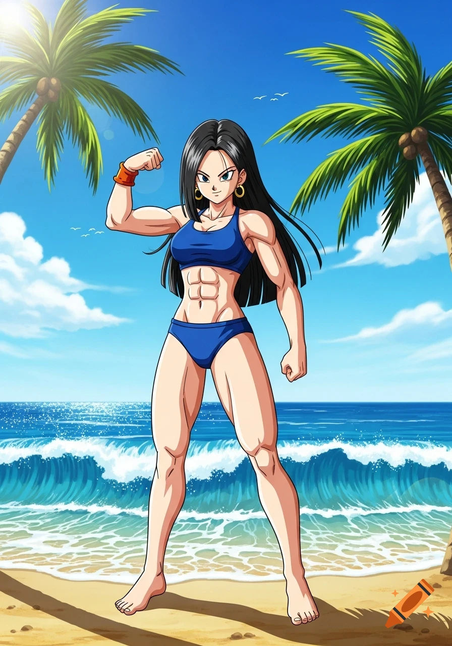 Videl from Dragon Ball Super in a blue bikini flexes on a sunny beach with palm trees and ocean, anime style.