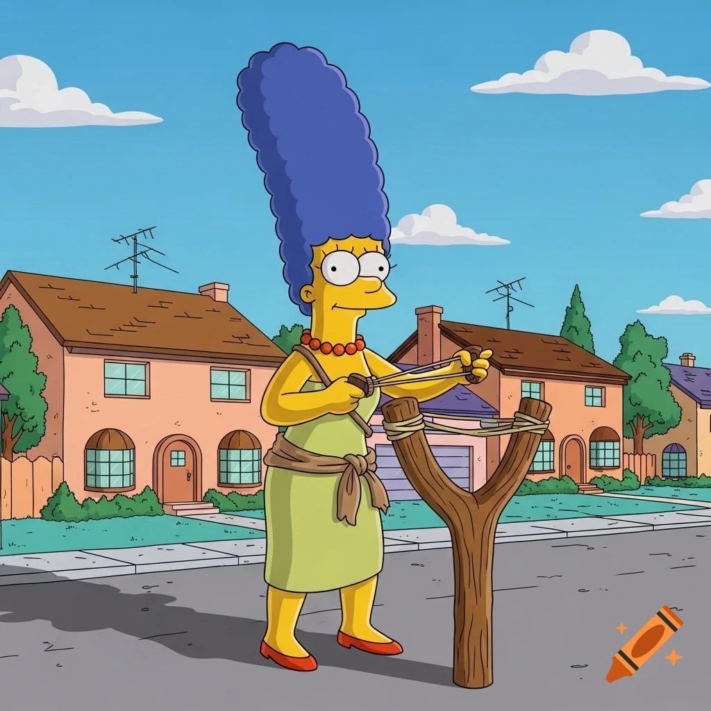 Marge Simpson in a green dress and red shoes holds a large wooden slingshot on a sunny suburban street.