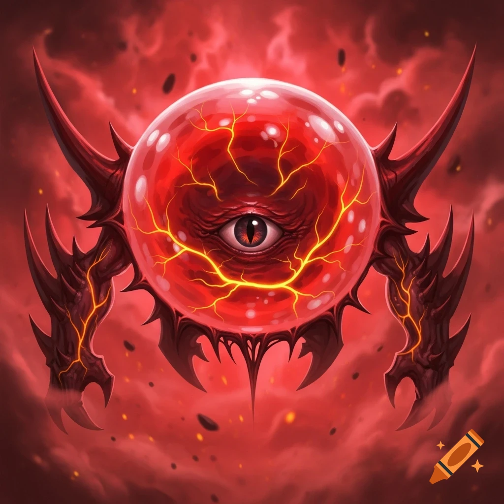 A menacing red, spherical monster with a central eye and spiky limbs, set against a swirling red background in a fantasy art style.