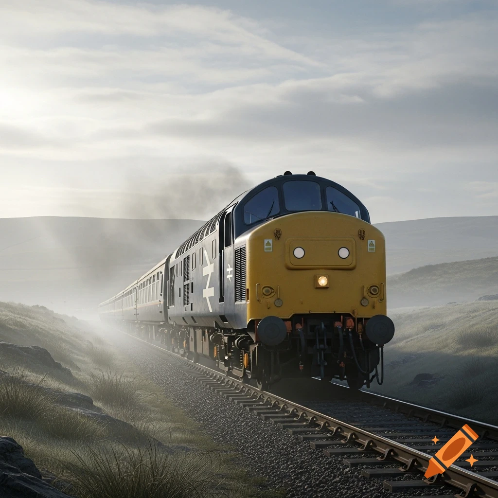 A photorealistic British Class 37 diesel locomotive travels through a misty, grassy valley under a cloudy sky.