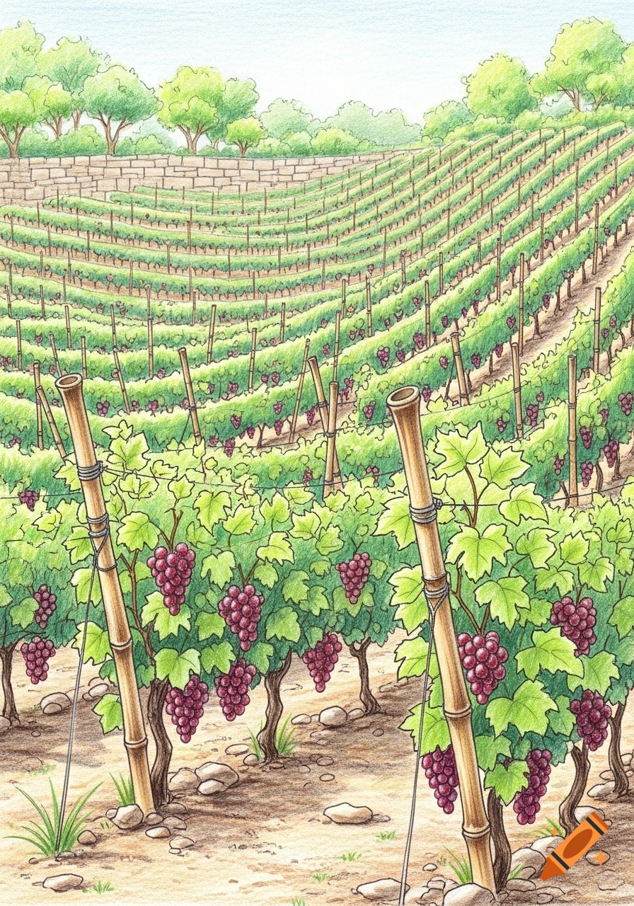Colored pencil drawing of a vineyard. Green grapevines with red grapes, bamboo stakes, stone walls, and trees in the distance.