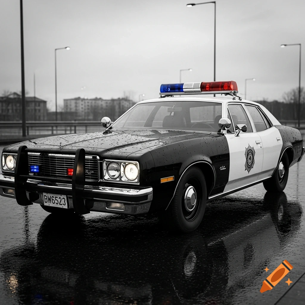 Photorealistic image of a black and white police car with flashing lights on a wet road under a grey sky.