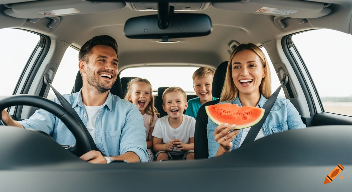 Happy family laughing in a car; father drives, mother holds watermelon, three children in back. Photorealistic.