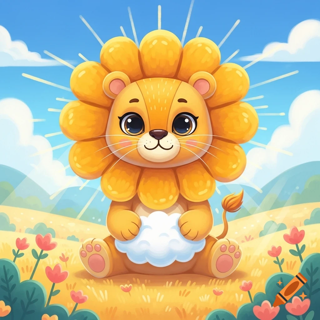 A cute cartoon lion with big, round mane sits in a sunny green field with pink flowers under a blue sky.