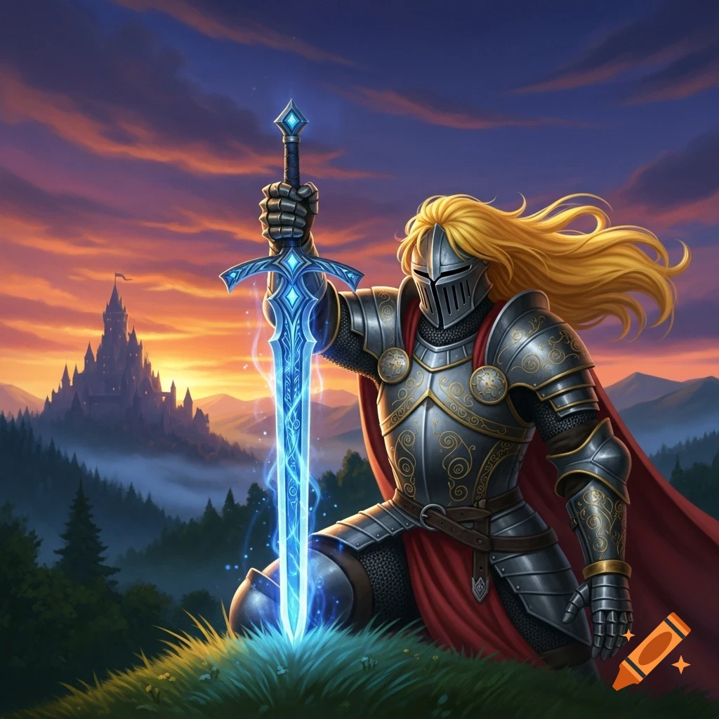 An armored knight with long blonde hair kneels on a grassy hill, holding a glowing blue sword. A castle is in the distance under a sunset sky.