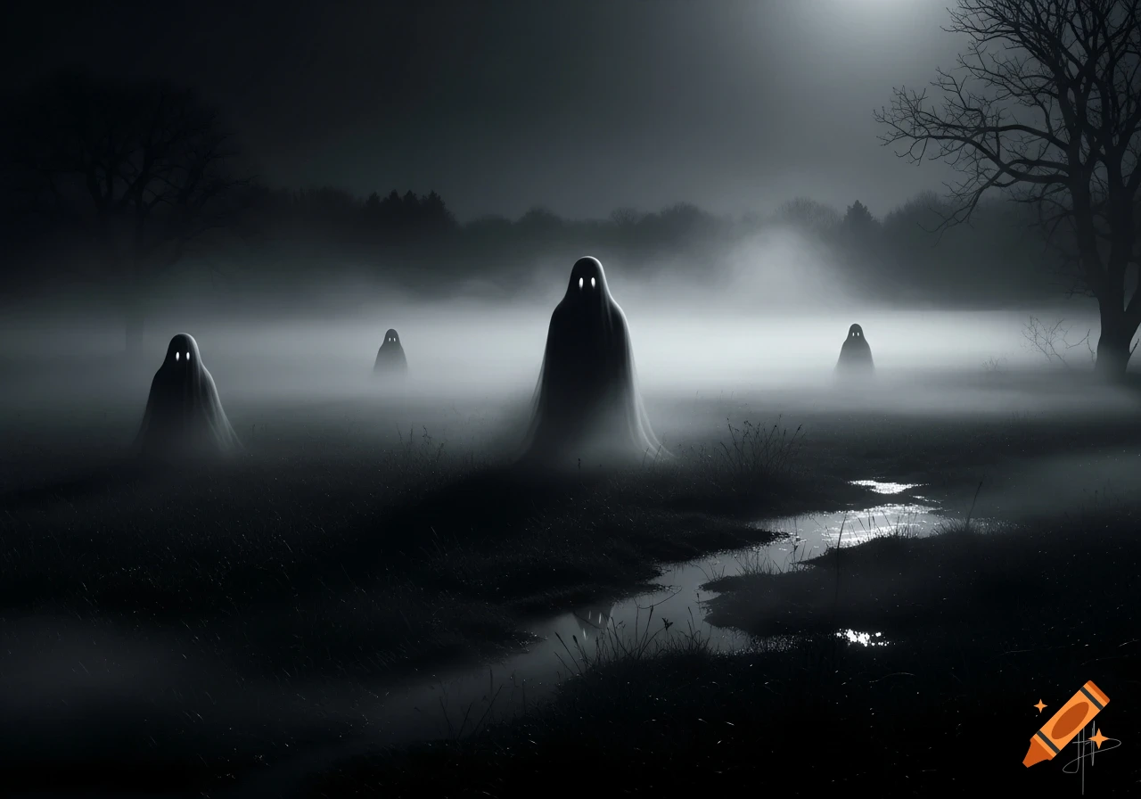 Four cloaked figures with glowing eyes, resembling ghosts, stand in a dark, foggy field under a dim moon, with bare trees and a reflective puddle.