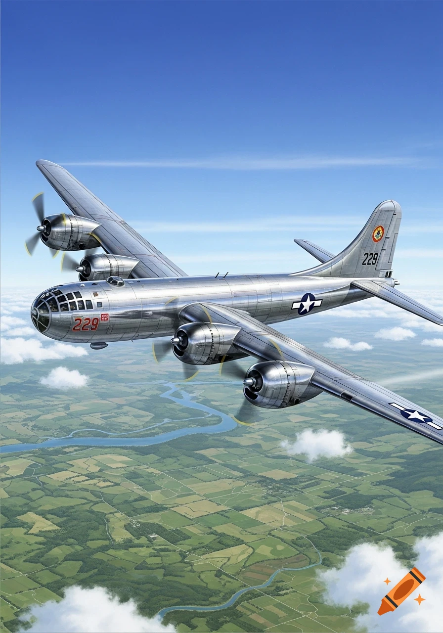 A silver B-29 bomber with propellers flies over a green landscape with a winding river under a blue sky, in a realistic drawing.