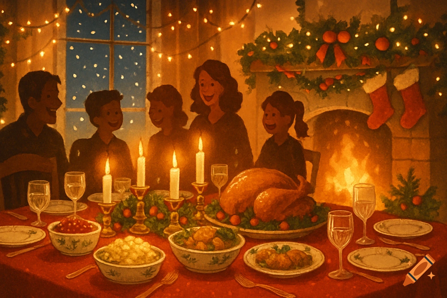 A family enjoys Christmas dinner around a candlelit table with turkey, by a fireplace with stockings and festive lights.