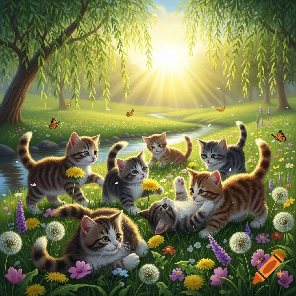 Many cute kittens playing in a sunny green field with flowers, a stream, and weeping willow trees.