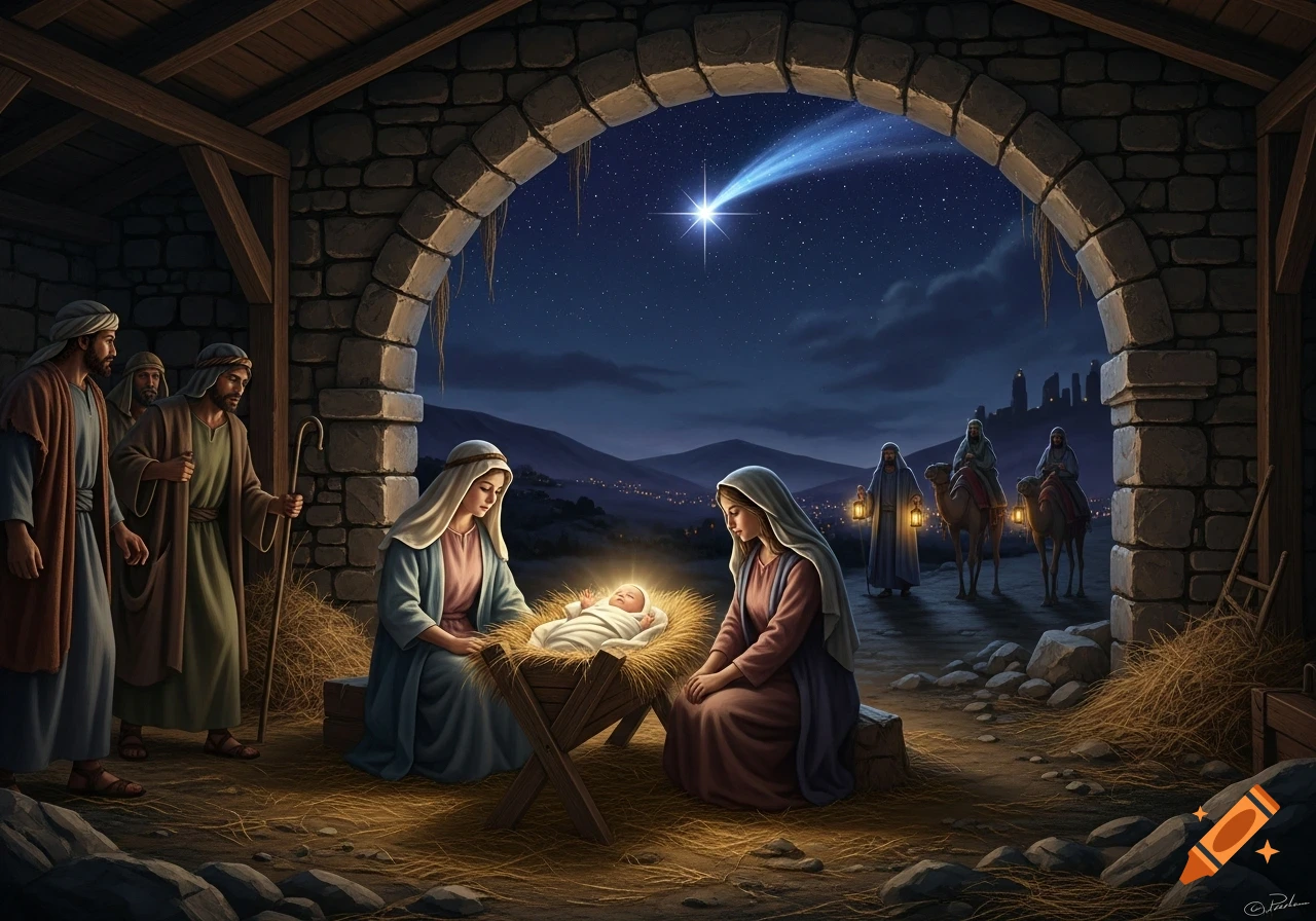 A detailed illustration of the Nativity scene at night with Mary, Joseph, and baby Jesus in a manger, observed by shepherds and magi under a bright star.