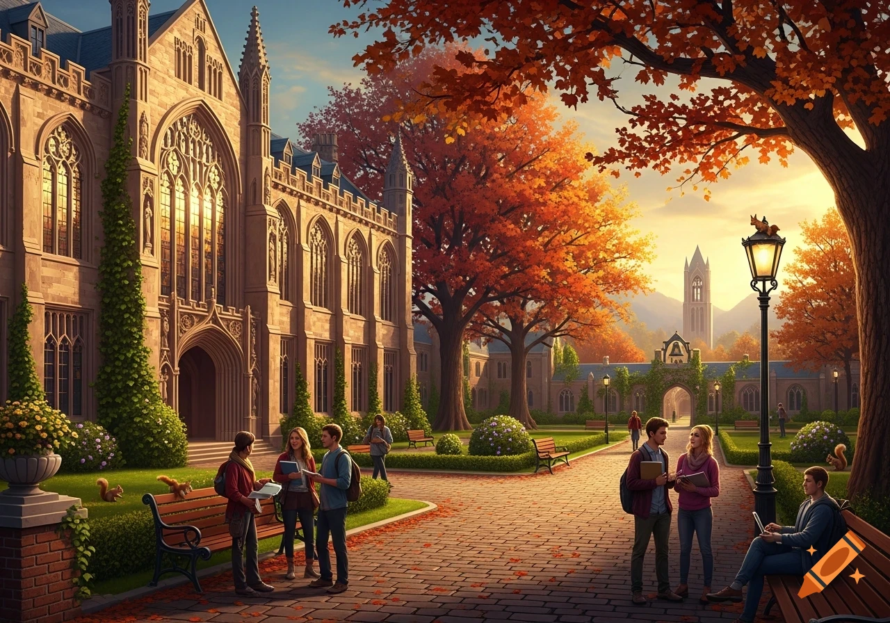 A vibrant autumn scene at a university campus with ornate Gothic architecture, golden sunlight, colorful trees, and students walking and conversing.
