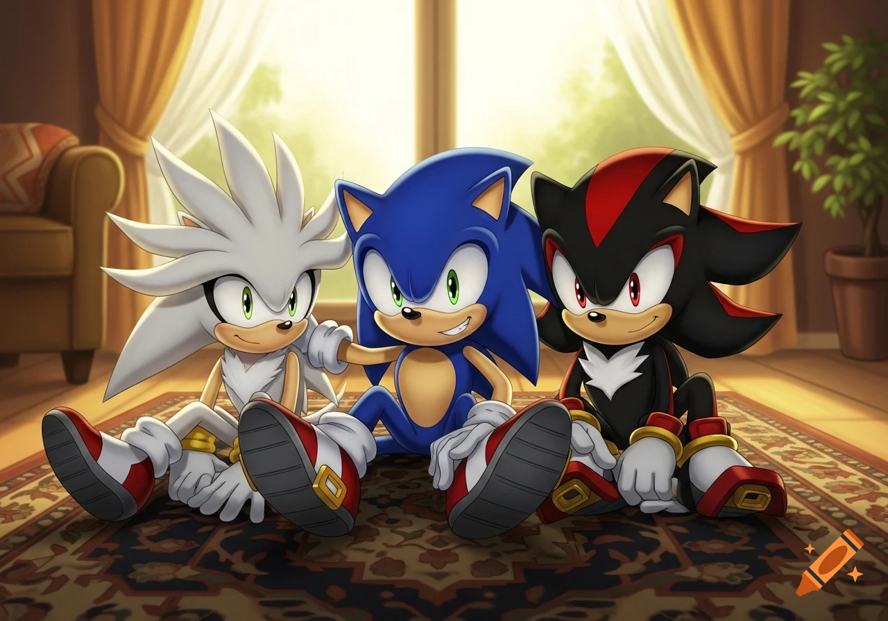 Silver, Sonic, and Shadow the Hedgehogs sit on a patterned rug in a sunlit room.