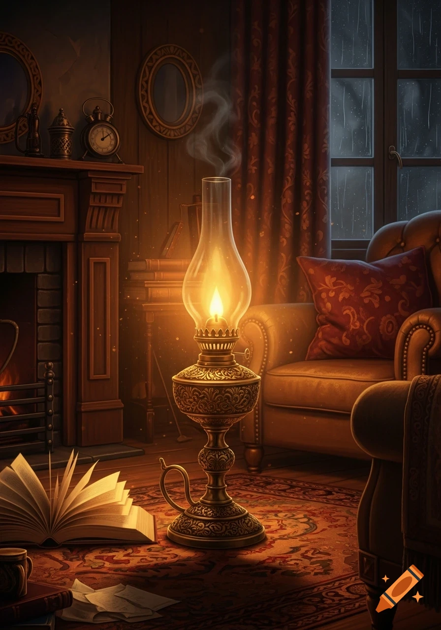 A warm, cozy interior with a lit antique oil lamp on a patterned rug, an open book, and an armchair next to a rainy window.