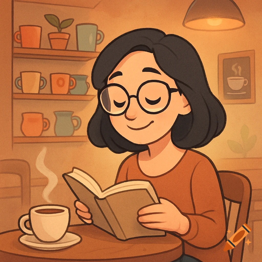 Cartoon illustration of a woman with glasses reading a book in a cozy coffee shop with a cup of coffee.