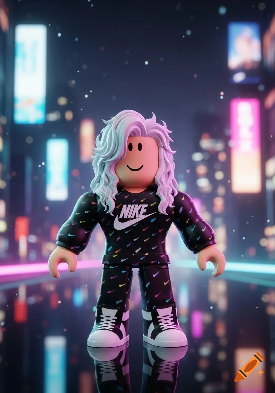 A Roblox character with wavy white and pink hair wears a black Nike outfit, standing on a reflective surface in a neon-lit city street at night.