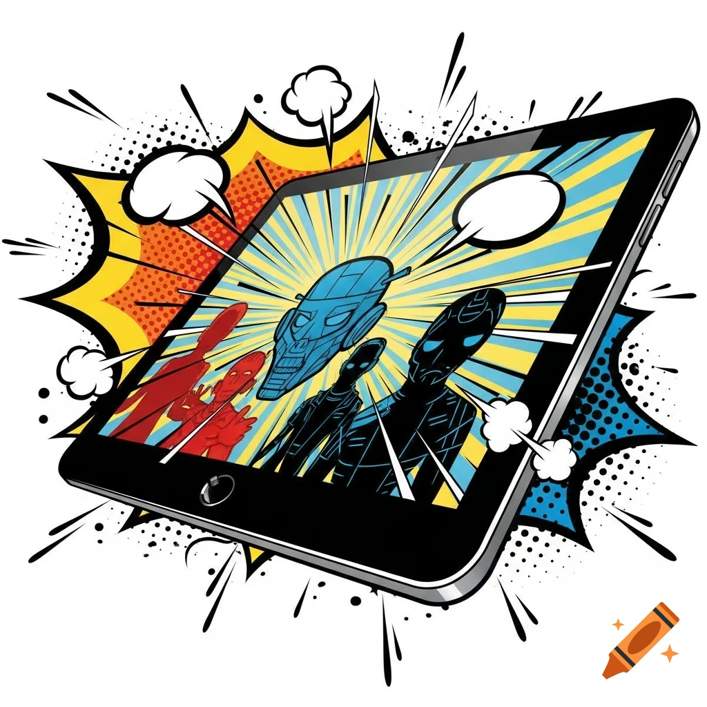 Comic art illustration of a tablet showing silhouetted figures and a blue spacecraft, with pop art bursts and empty speech bubbles.