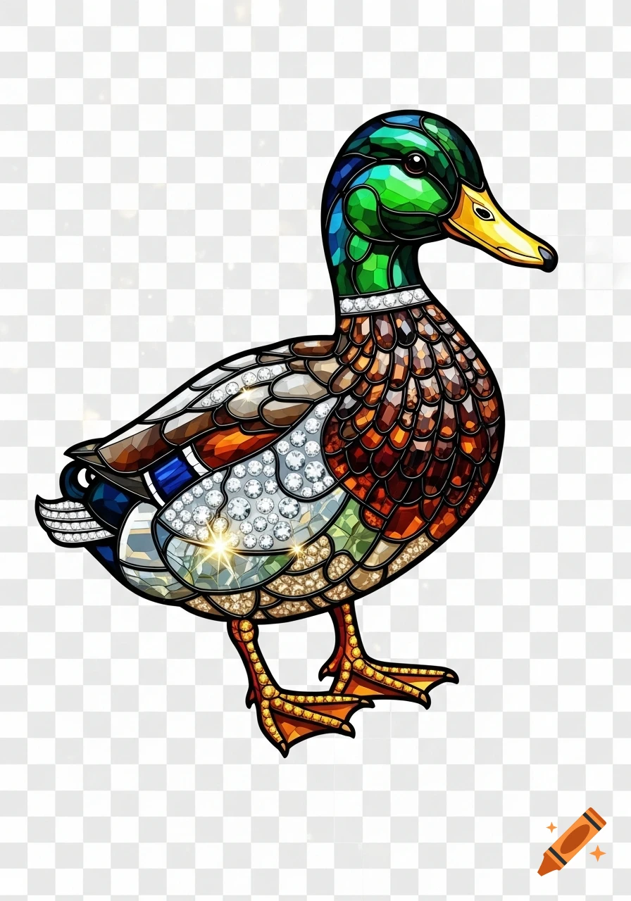 A vibrant mallard duck depicted in a stained glass and jeweled art style, featuring faceted gemstones and sparkling highlights on a transparent background.