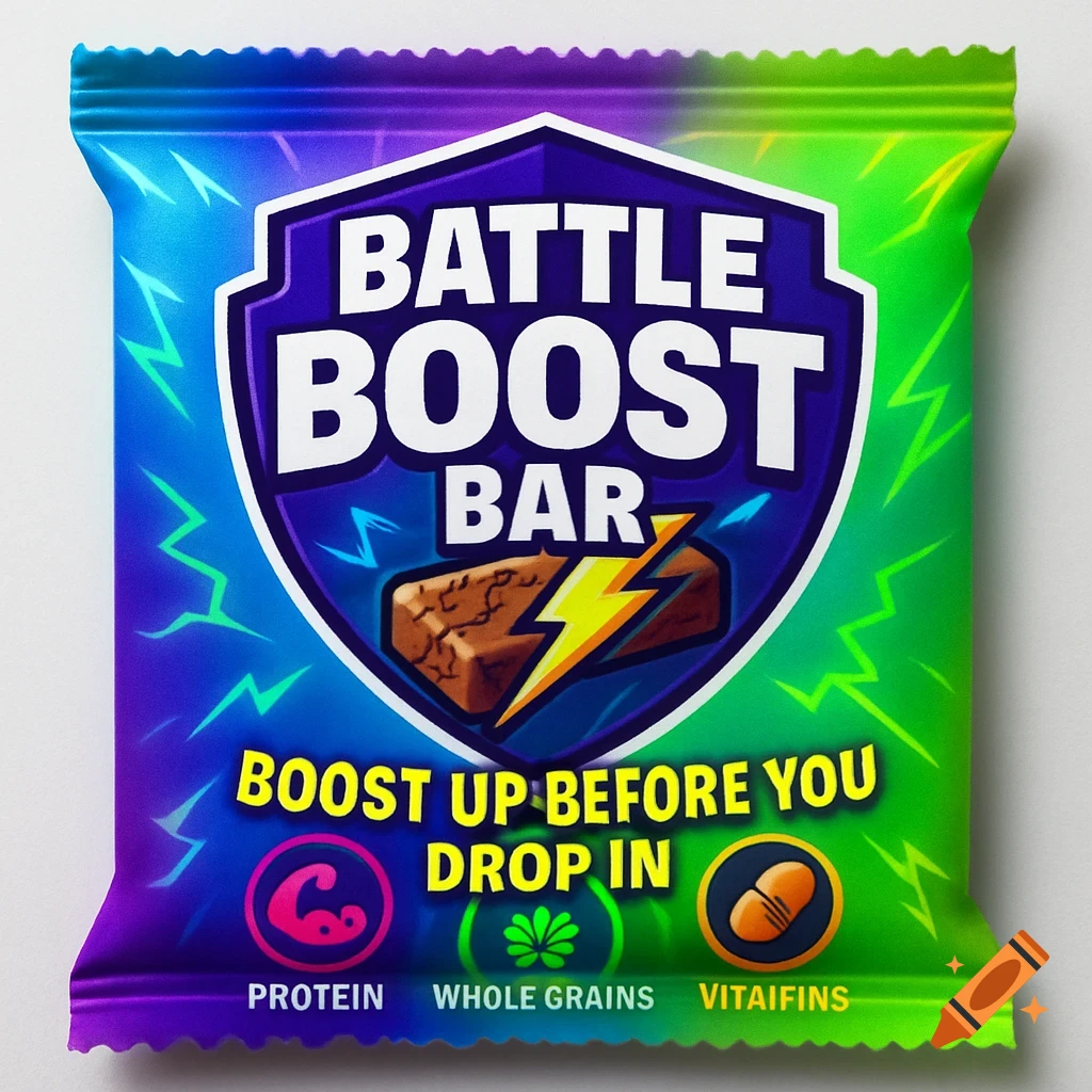 A colorful "Battle Boost Bar" wrapper featuring a shield logo, a lightning bolt over a snack bar, and the tagline "Boost Up Before You Drop In".