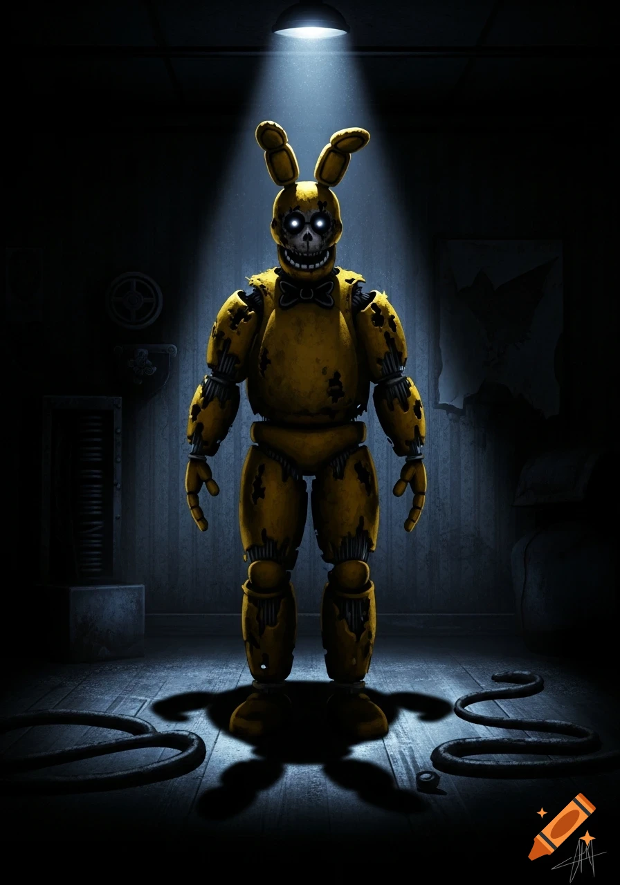 A damaged yellow animatronic rabbit, Springtrap from Five Nights at Freddy's, stands in a dark room under a spotlight.