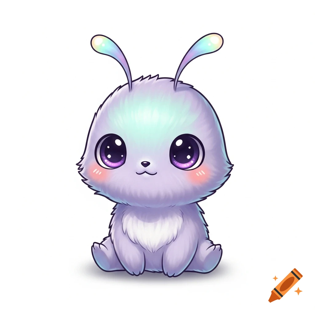 A cute, fluffy, light purple creature with large, sparkling purple eyes and antenna-like ears, rendered in a cartoon style.