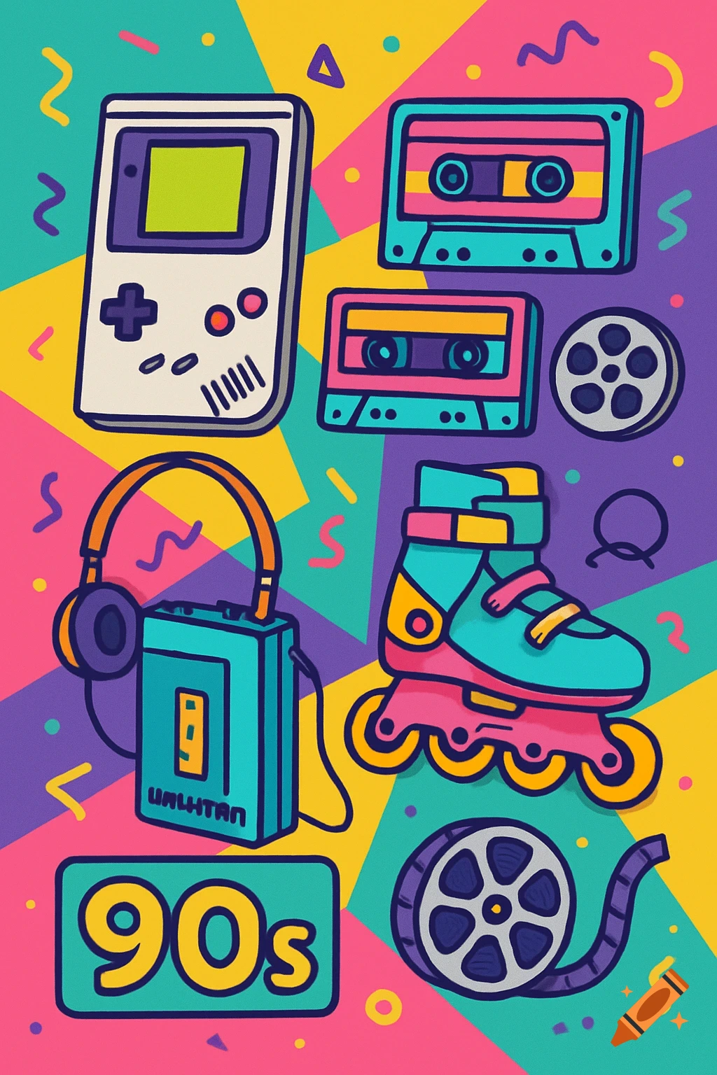 Colorful cartoon illustration depicting 90s items: Game Boy, cassette tapes, Walkman with headphones, rollerblades, and film reels, with "90s" text.