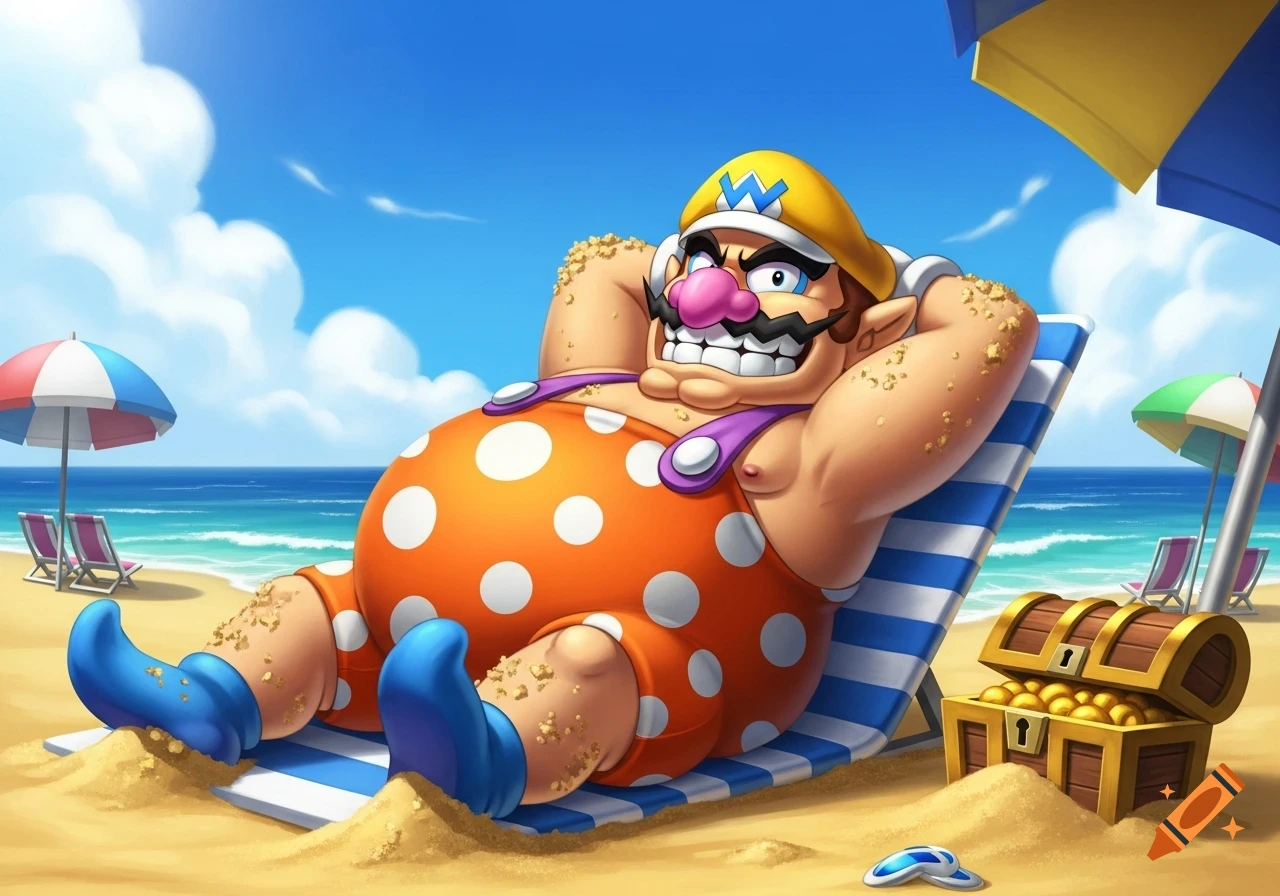 Wario in an orange polka-dot swimsuit relaxes on a beach chair by the ocean, with a treasure chest nearby. Cartoon style.