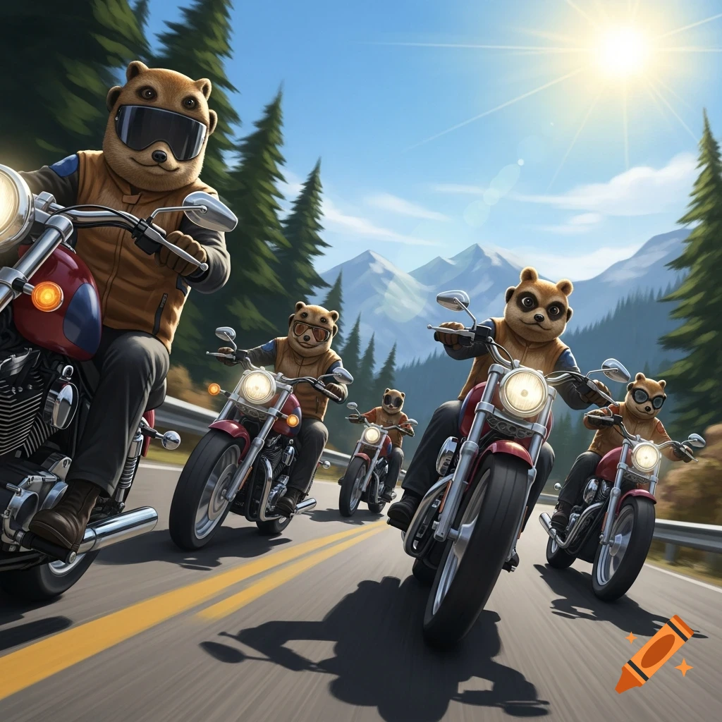A stylized illustration of meerkat-like characters riding motorcycles on a mountain road with pine trees under a sunny sky.