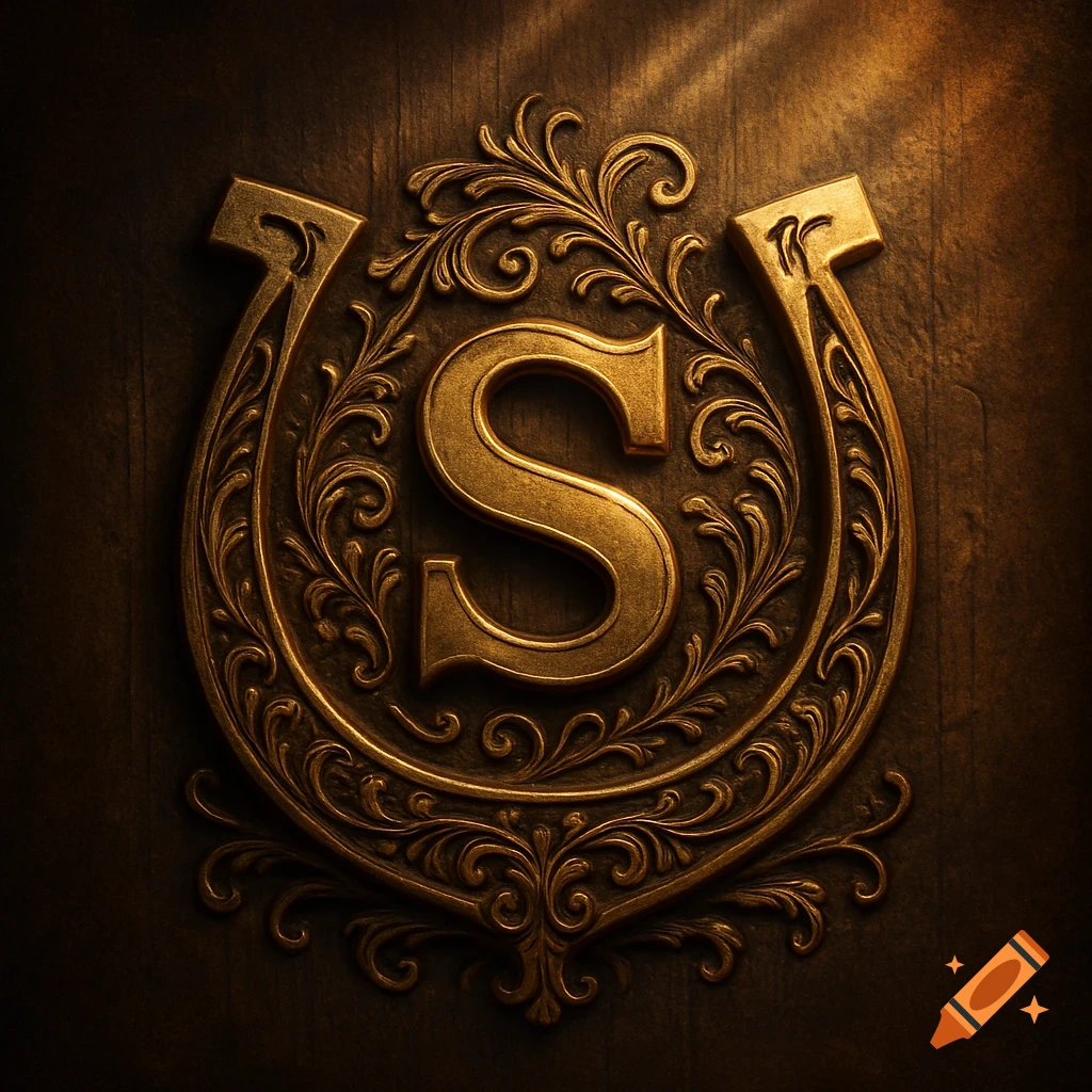 Golden ornate letter S within a decorative horseshoe emblem on a dark wooden background.