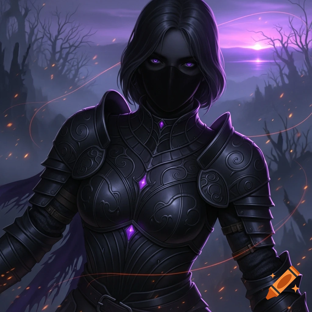 A female fantasy warrior in black, detailed armor with purple gems, masked face, and glowing purple eyes in a dark, fiery landscape.