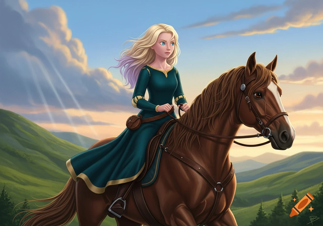 Digital art of a blonde woman with purple-tipped hair in a green dress riding a brown horse through rolling green hills under a cloudy sky.