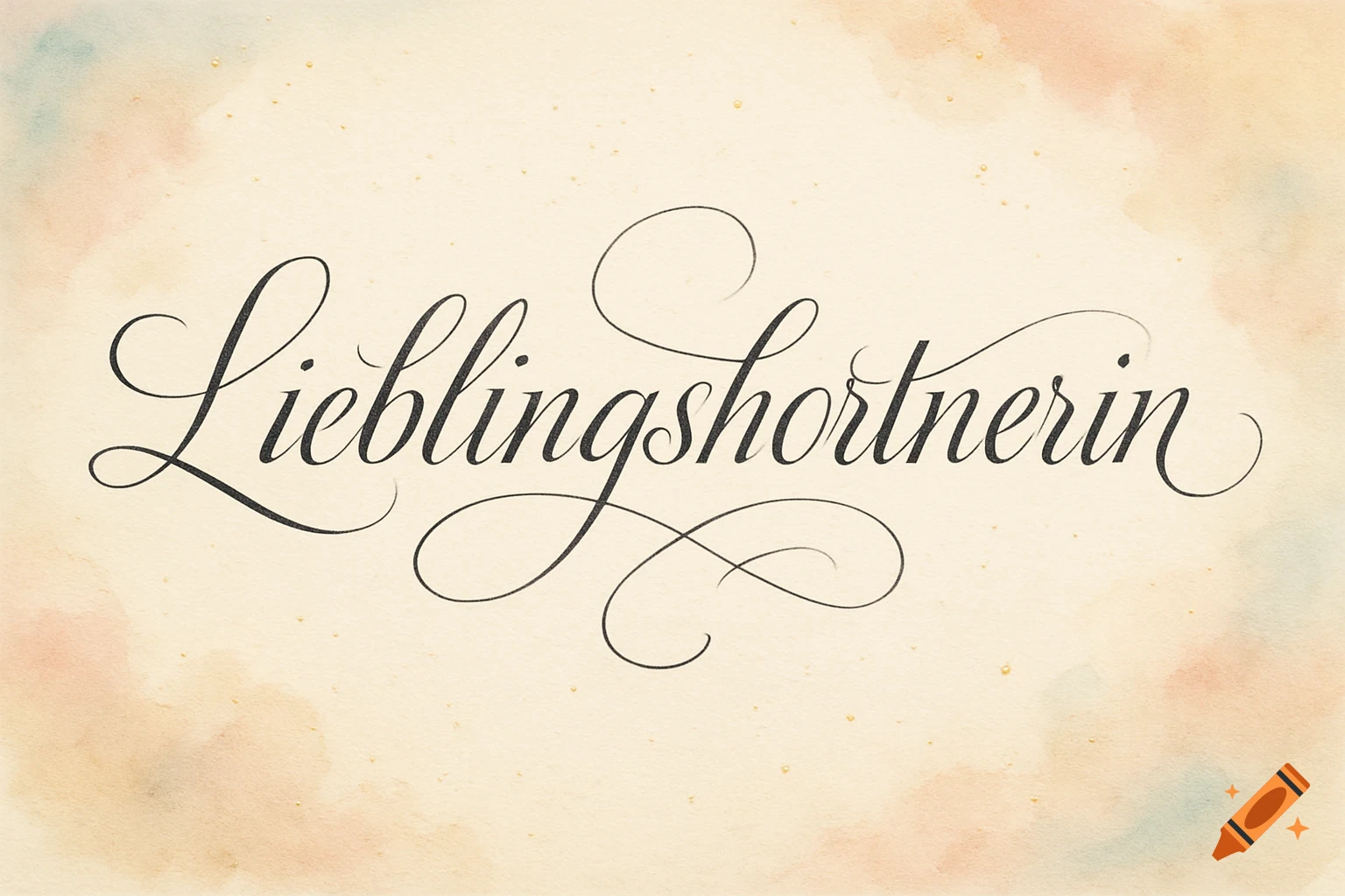 Calligraphic rendering of the German word "Lieblingshortnerin" in elegant black script on a textured, light watercolor background with subtle pastel hues.