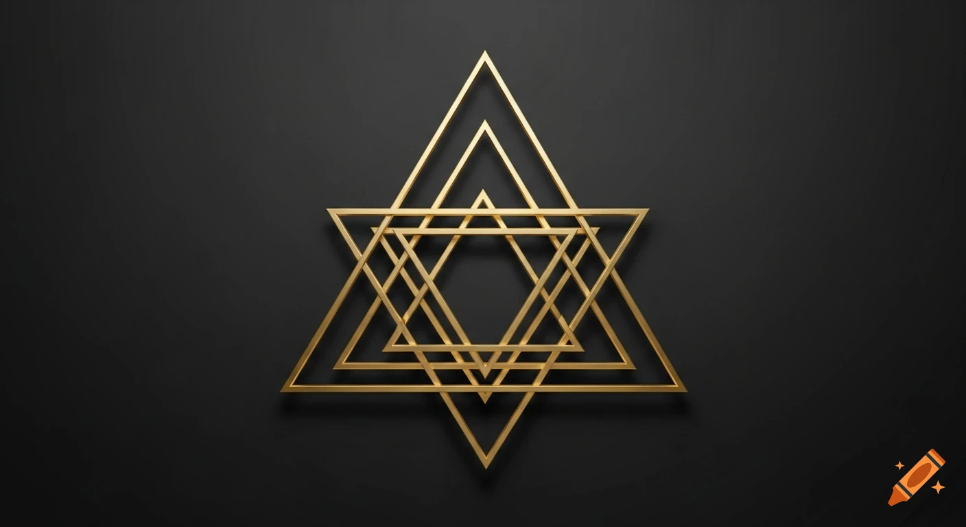 Multiple overlapping golden triangles form a complex geometric pattern on a dark anthracite background.