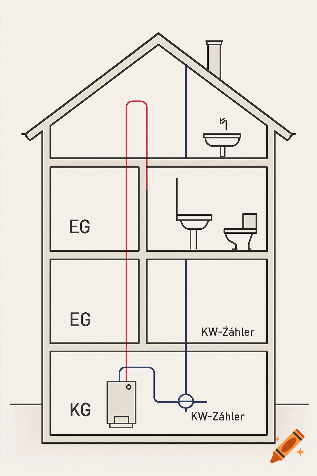 A schematic diagram of a three-story house showing a red hot water pipe from a basement boiler to the attic, and blue cold water pipes with meters, a sink, and toilets.