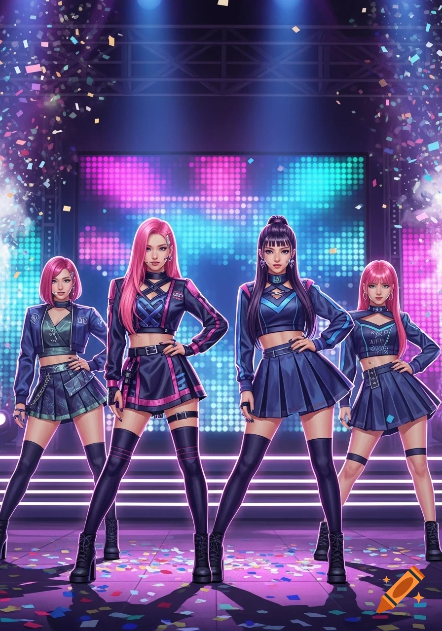 Four anime-style women in dark K-pop stage outfits with pink and blue accents, posing on a confetti-strewn stage with neon lights.