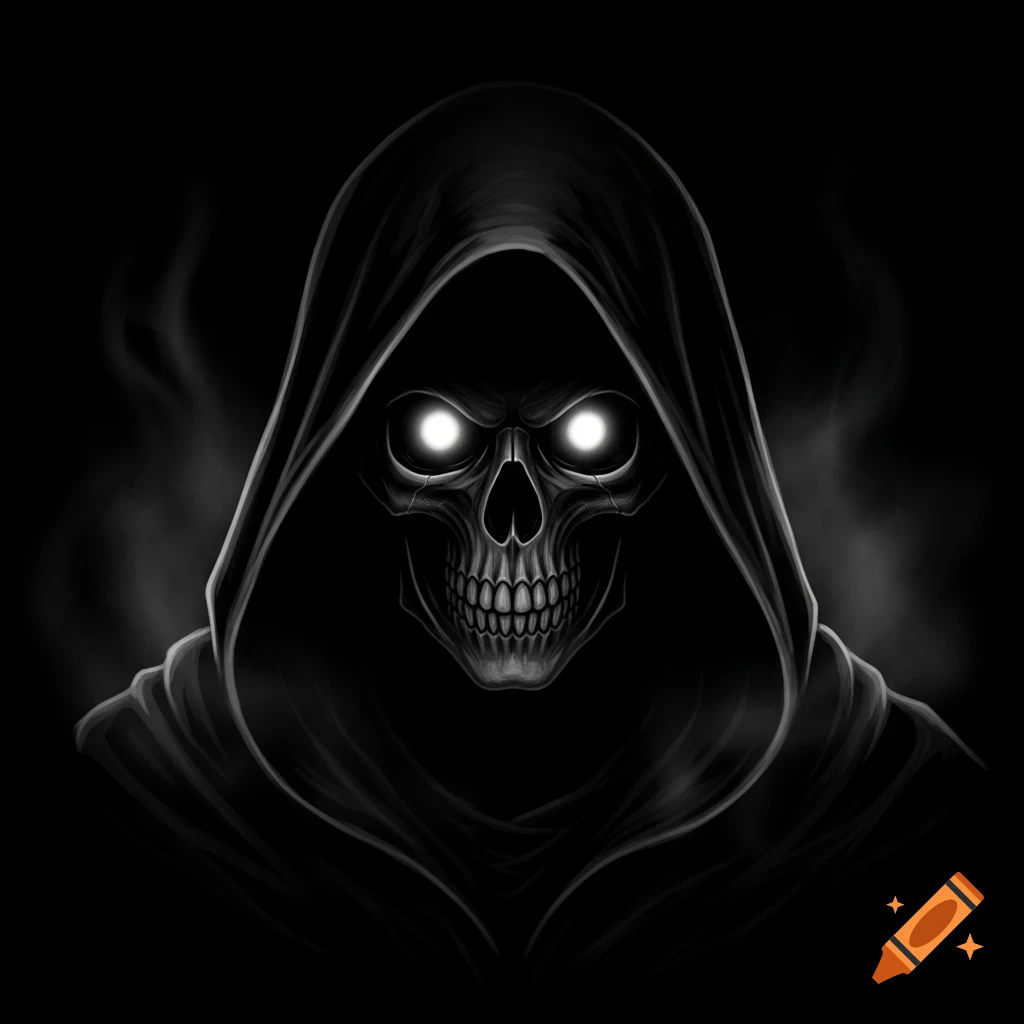 Stylized black and white illustration of a hooded skull with glowing white eyes, emerging from darkness with wisps of smoke.