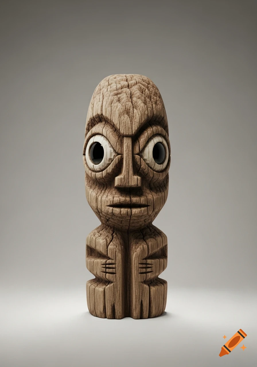 A minimalist wooden idol with large round eyes and carved features, showing a worn texture, against a grey background.