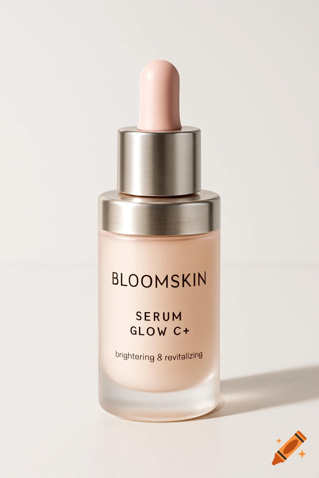 A peach-colored cosmetic serum dropper bottle with a silver cap and pink dropper, labeled 'BLOOMSKIN SERUM GLOW C+'.