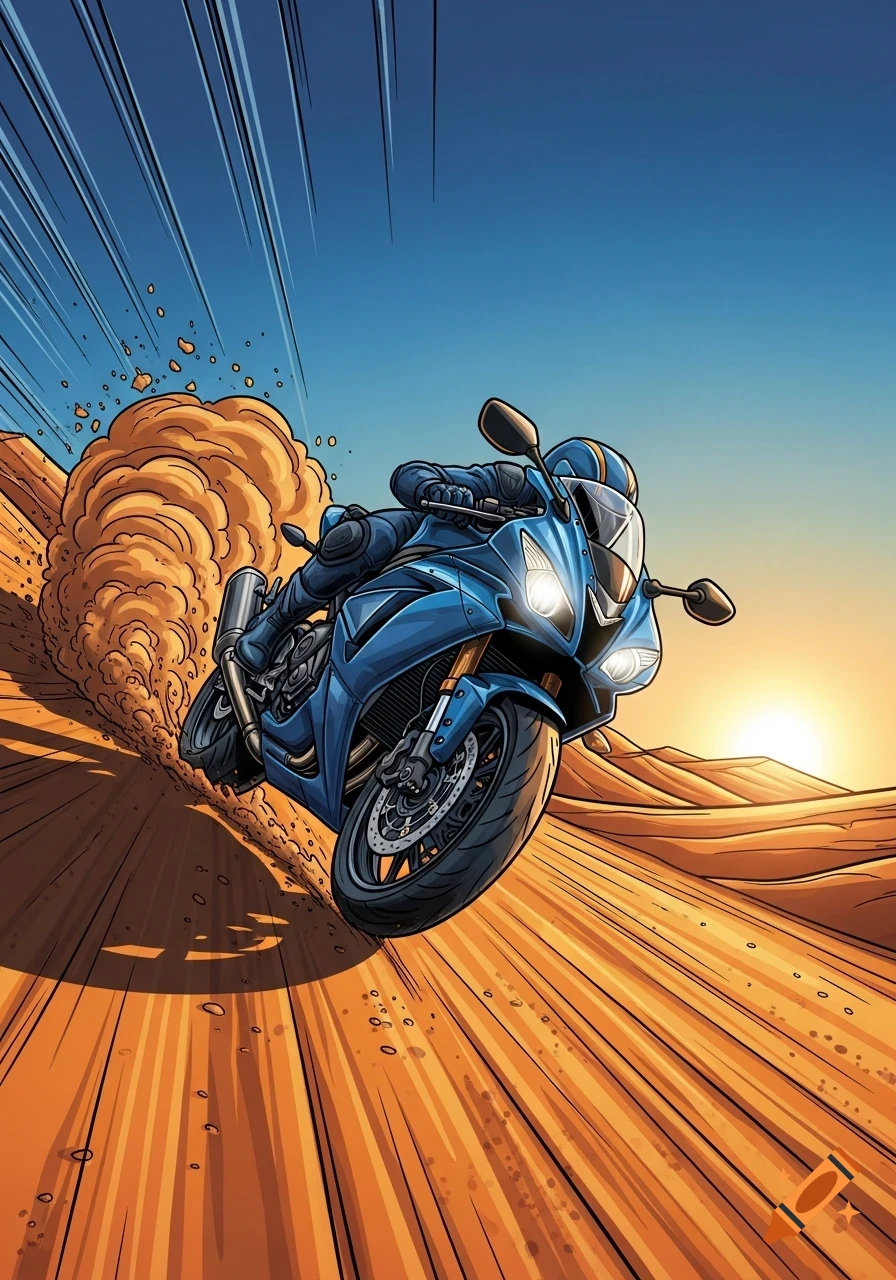 Dynamic comic illustration of a blue sports motorcycle turning sharply in a desert, kicking up sand, with a helmeted rider and a sunset.